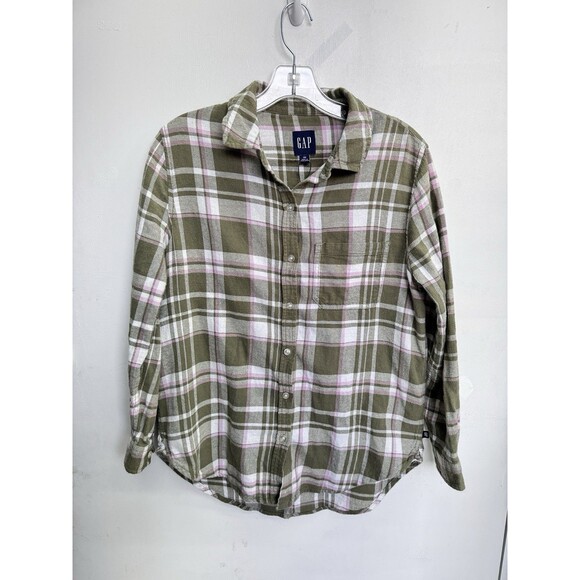 GAP Tops - GAP Womens XS Green Pink Plaid Flannel Button Up Shirt Super Soft 100% Cotton
